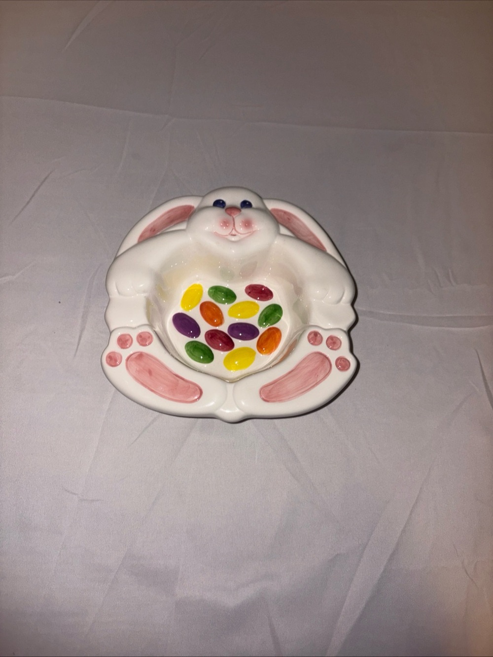 White Ceramic Bunny Candy Dish with Pink Accents